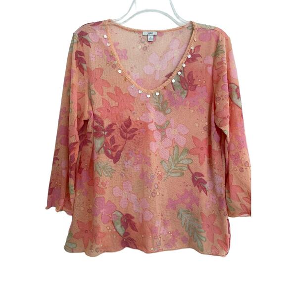 J. Jill Sheer Mesh Top Y2K Floral Top Embellished Peach Size Large - Picture 1 of 6